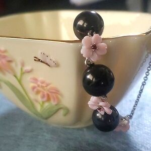 Shungite Beaded Mother of Pearl & Garnet Flowered Rhodium Plated Bracelet